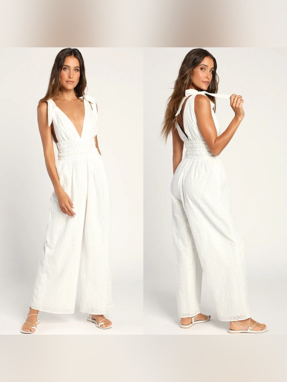 Lulus Running Free White Eyelet Embroidered Tie-Strap Jumpsuit XS Vacation Boho